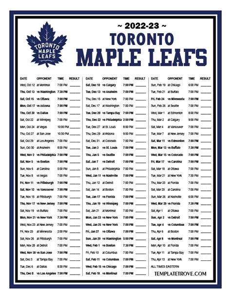 Printable 2022-2023 Toronto Maple Leafs Schedule