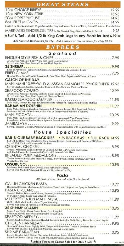 Miller's Ale House Menu