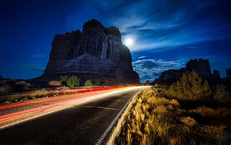 arches, National, Park, Utah, Usa, Street, Street, Lights, Rocks, Arches, Shrubs, Night, Moon ...