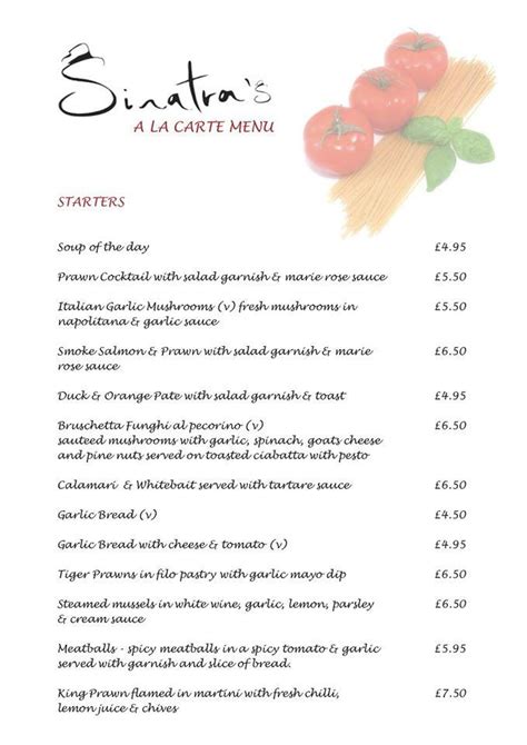 Menu at Sinatra's Restaurant, Nottingham