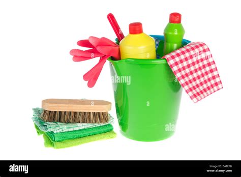 Cleaning products as bottles liquids brushes and bleach Stock Photo - Alamy