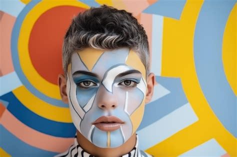 Premium AI Image | Portrait of a teenage boy with abstract art makeup on abstract geometric ...