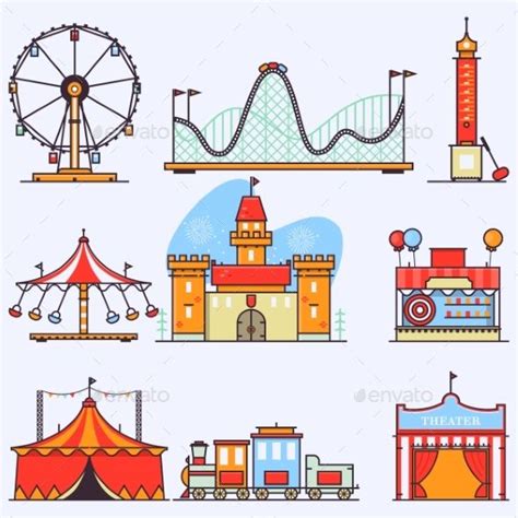 Amusement Park Vector Flat Elements Isolated | Ride drawing, Amusement ...