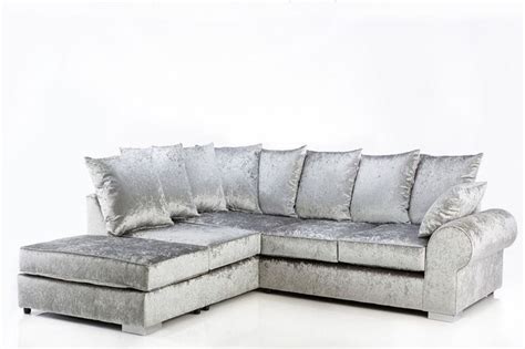 This modern and sturdy silver corner sofa features sumptuous crushed ...