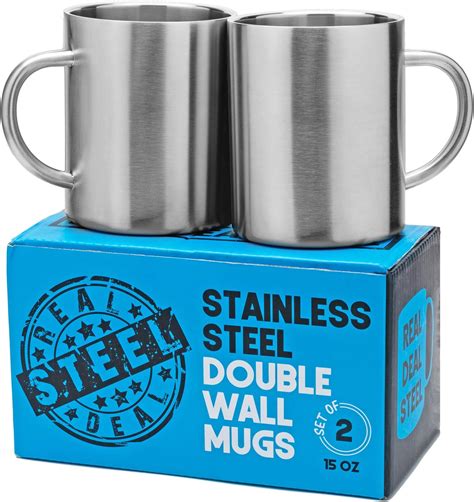 Amazon | Stainless Steel Double Walled Mugs: 100% BPA Free 440ml Metal Coffee & Tea Cup Mug ...