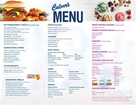 Culver's menu in Greenville, South Carolina, USA | Culver menu, Meal planning menus, Menu