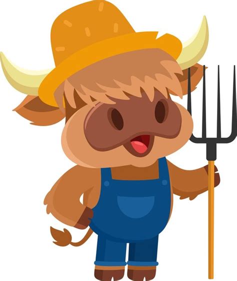 Premium Vector | Cute Highland Cow Farmer Cartoon Character Carrying A Rake