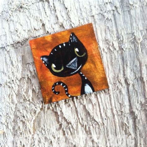 Happy kitten cat whimsy folk art Original Inchie miniature painting 1 x 1" canvas acrylic ...