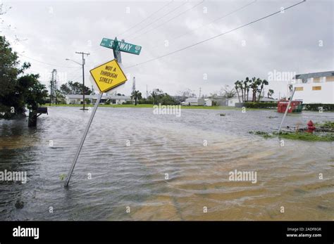 Hurricane damage. Road on South Hutchinson Island, USA, flooded by a ...