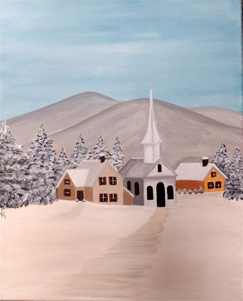 Winter village with church acrylic painting on canvas. | Canvas art painting, Acrylic painting ...