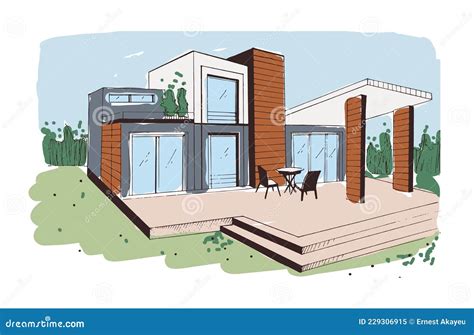 Modern House Exterior Design from Glass, Concrete and Wood. Sketch of Home with Terrace and ...