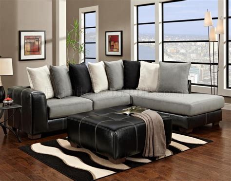 Black Vinyl & Grey Fabric Modern Sectional Sofa w/Options