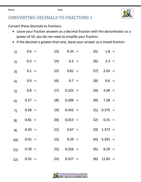 Converting Decimals to Fractions Worksheet