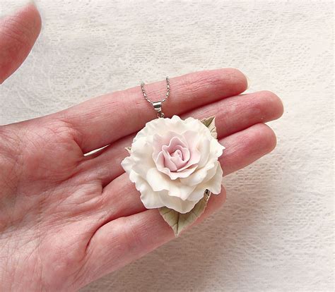 Polymer clay white rose pendant "Beautiful Lady". Polymer clay jewelry ...