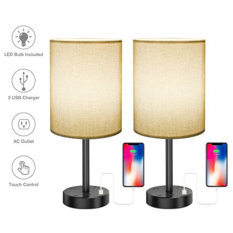 Set of 2 Table Lamps with 3 USB Charging Ports,Bedside Desk Lamps Touch Control & 2 AC Outlet,3 ...