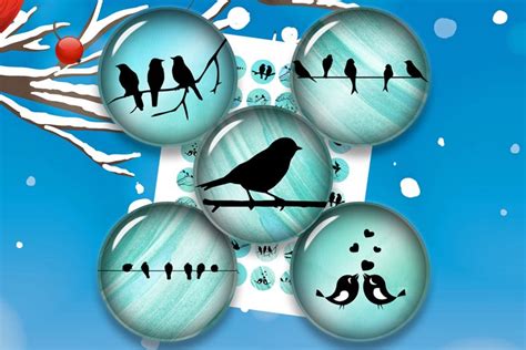 Blue Images,Bird Silhouettes,Digital Collage Sheet,Circles