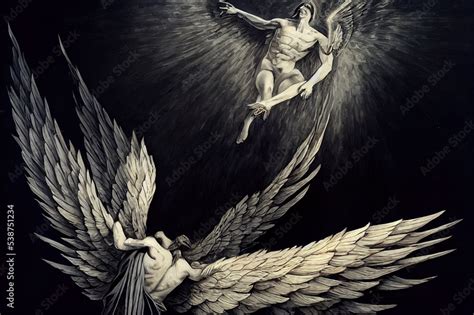 The angel Lucifer, exiled from paradise, falls from heaven, unable to fly on his broken black ...