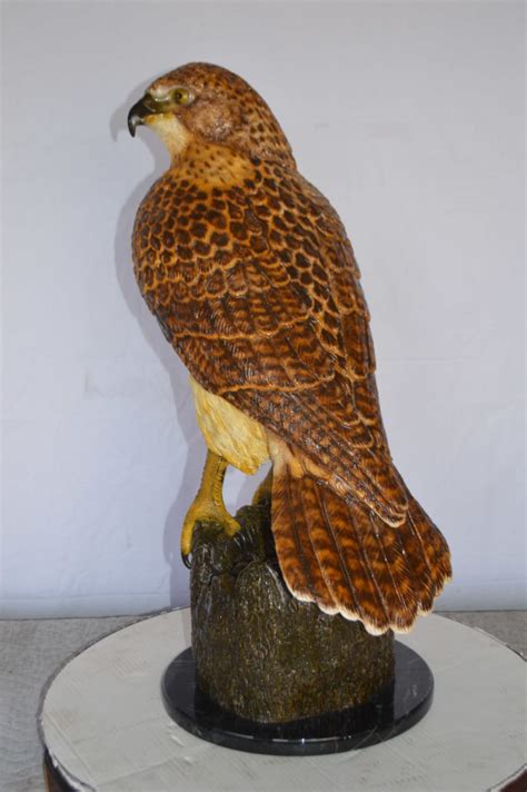 Hawk Bronze Statue standing on Stump on Marble - Size: 12"L x 15"W x 29"H. - NiFAO