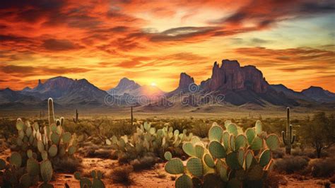 Wild West Texas Desert Landscape with Sunset with Mountains and Cacti Stock Illustration ...