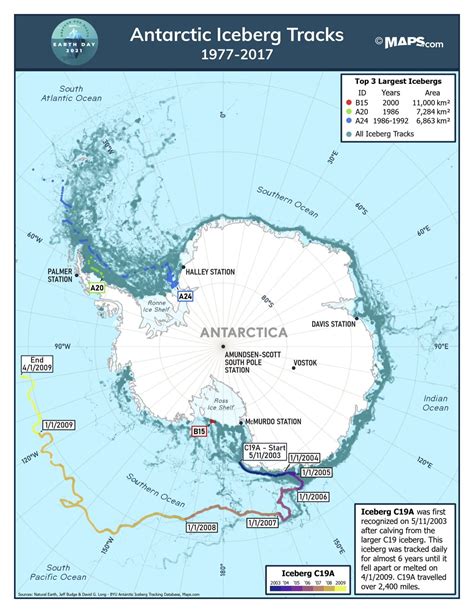 This map shows the detailed routes of icebergs A20, A24, B15 & C19A, some of the furthest ...