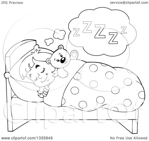 Clipart of a Cartoon Black and White Happy Girl Sleeping and Dreaming ...