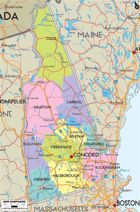 Map of State of New Hampshire, with outline of the state cities, towns and counties. State roads ...