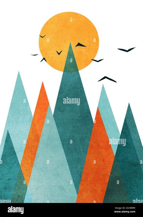 Colorful geometric sunny landscape with mountains in Scandinavian style. Modern artwork ...