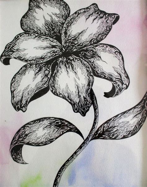 Pen and Ink Flower Drawing over Acrylic on Paper Framed | Etsy