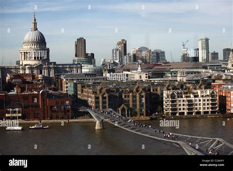 London skyline and millennium Bridge photographed from above Stock ...