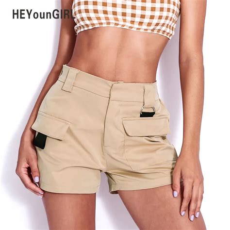 Aliexpress.com : Buy HEYounGIRL Women Khaki High Waist Shorts 2018 Summer Fashion Pockets Office ...