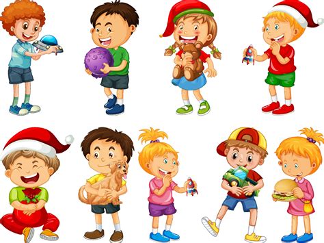 Set of different kid playing with their toys cartoon character isolated ...