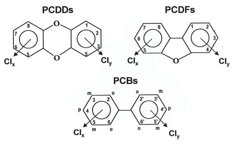 The general chemical structures of PCDD/Fs and PCBs; o, m, p denote... | Download Scientific Diagram