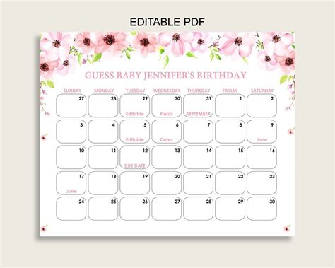 "Printable Baby Shower Pink, Green DIY editable CALENDAR BIRTHDAY PREDICTIONS in Flower Blush ...