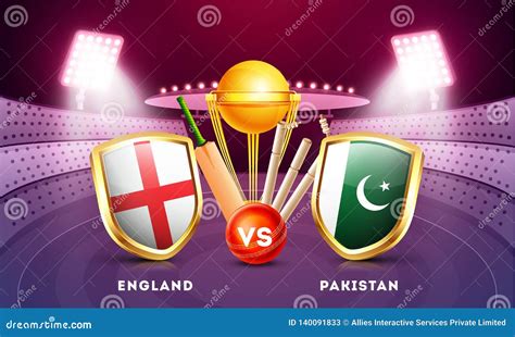 Cricket Match Between England Vs Pakistan With Country Flag Shields And Cricket Equipments ...