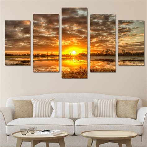 Drop Shipping 5 piece canvas art sunrise morning sun HD print wall pictures for living room ...