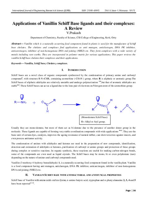 (PDF) Applications of Vanillin Schiff Base ligands and their complexes: A Review | Engineering ...