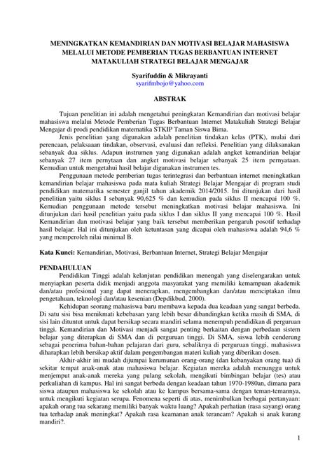 (PDF) Meningkatkan Kemandirian dan Motivasi Belajar Mahasiswa Melalui Metode Pemberian Tugas ...