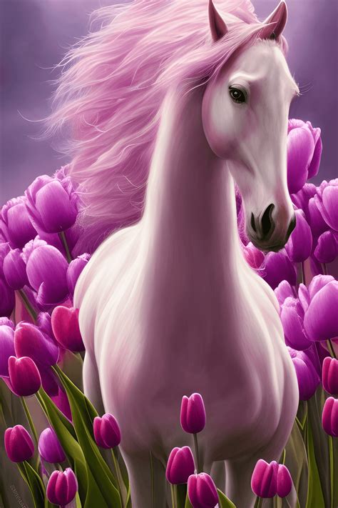 Stunning Botanical Painting Illustration of a Pink Fluffy Horse Running · Creative Fabrica