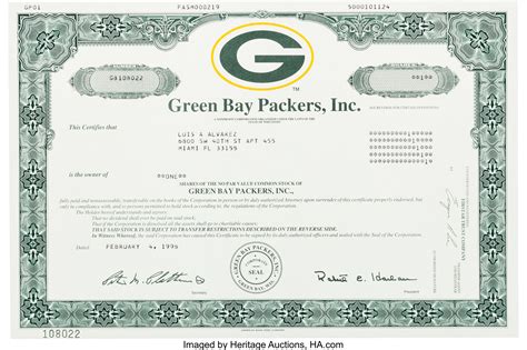 1998 Green Bay Packers Original Stock Certificate.... Football | Lot ...