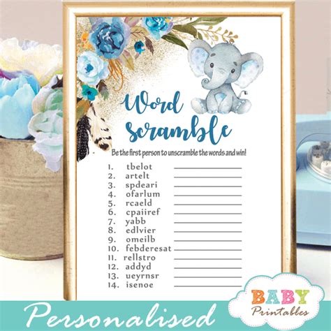 Boho Floral Boy Elephant Baby Shower Games – D439 - Baby Printables