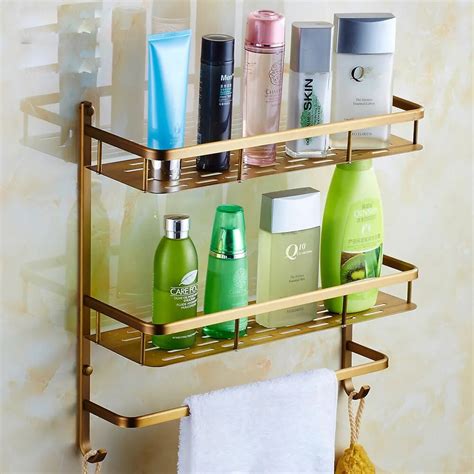 Antique Brass Double Tier Bathroom Shelves Wall Mounted Bath Storage Holder with Towel Bar Hooks ...