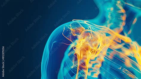 An X-ray blue of a shoulder with the upper arm and shoulder joint ...