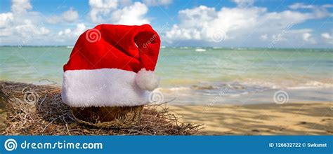 Santa Claus Hat on Caribbean Beach. Christmas Background Stock Photo ...