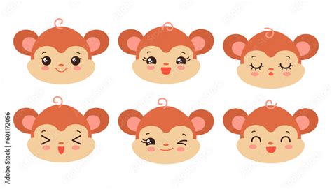 Cute monkey emoji icon set. Kawaii jungle animal icons. Messenger emoji ...