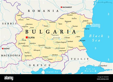 Political map of Bulgaria with capital Sofia, national borders ...