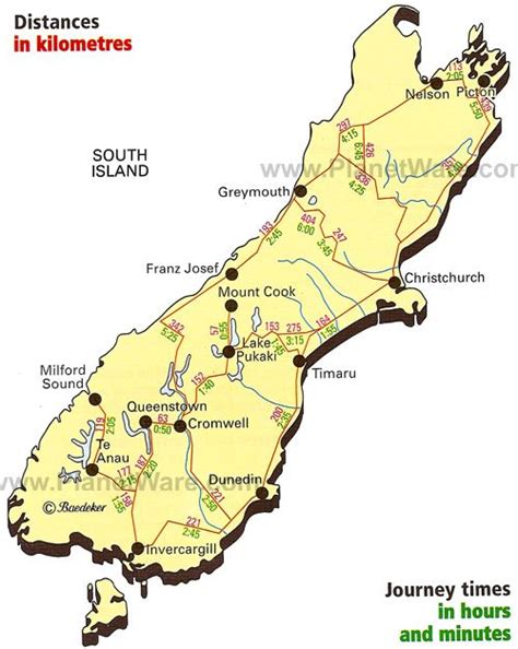 Map of New Zealand - South Island Journey Times | PlanetWare Road Trip New Zealand, Map Of New ...