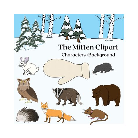 The Mitten by Jan Brett, Characters, Mitten, and Background Clipart 20 Piece Set, 10 Color, 10 ...