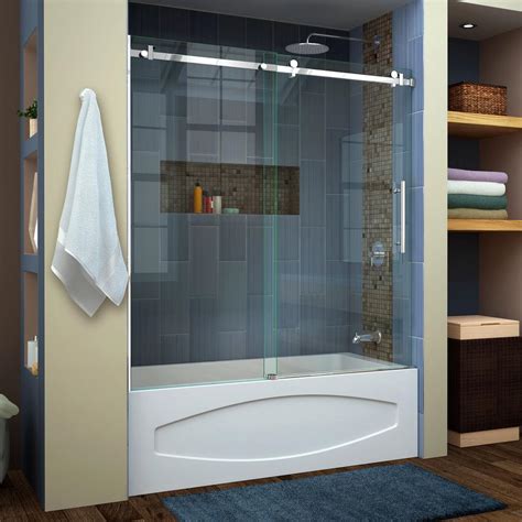 DreamLine Enigma Air 56 in. to 60 in. x 62 in. Frameless Sliding Tub Door in Polished Stainless ...