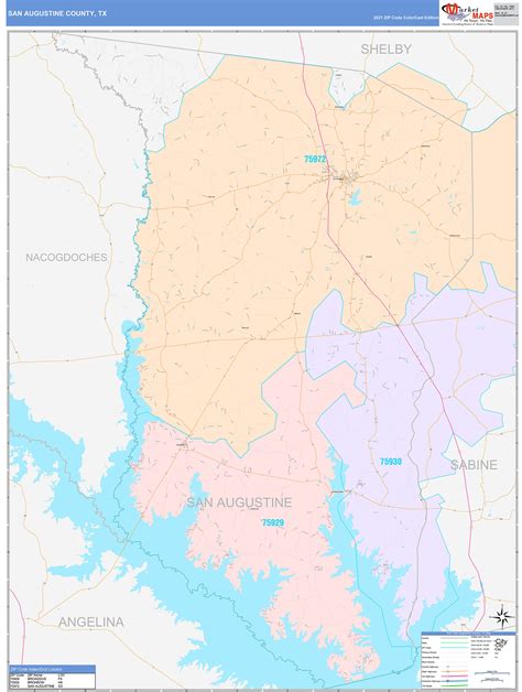 San Augustine County, TX Wall Map Color Cast Style by MarketMAPS