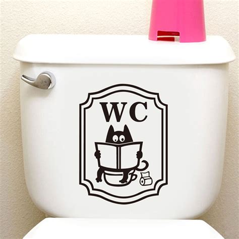 Funny Toilet Sign Wall Sticker Cartoon Cat Reading In WC For Office Bathroom DIY Toilet Door ...